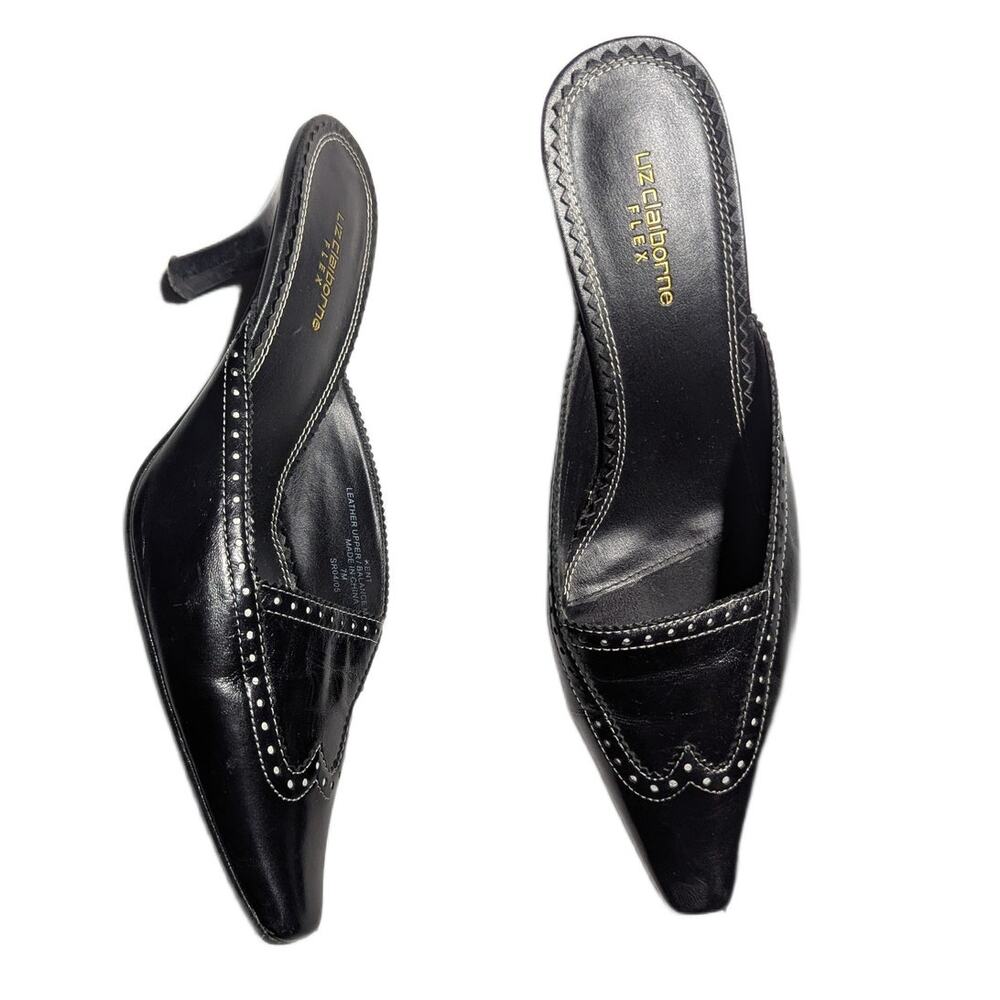 Vtg Y2K Liz Claiborne Black Leather Pointed Toe Wingtip Kitten Heel Mules Sz 7